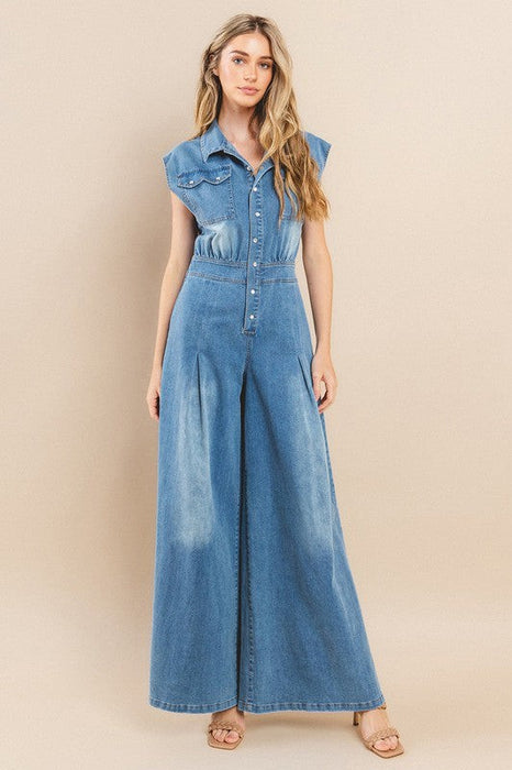 Zoey Wide Leg Denim Jumpsuit