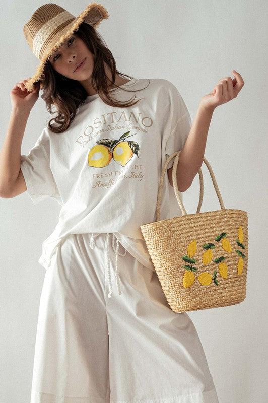 Lemon Embroidered Straw Tote