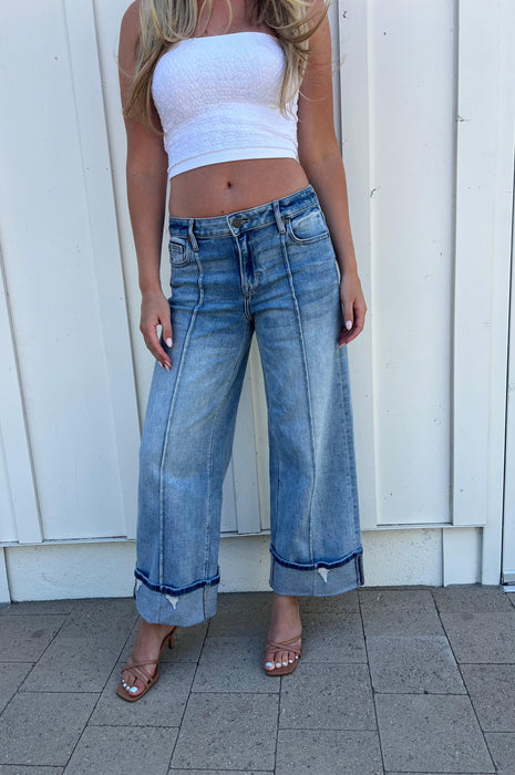 Pintuck Mid Rise Cuffed Medium Wash Wide Leg