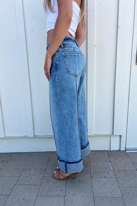 Pintuck Mid Rise Cuffed Medium Wash Wide Leg