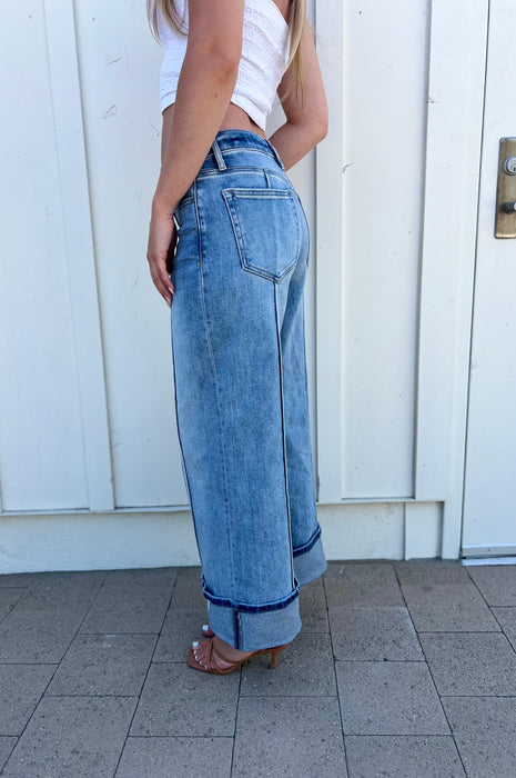 Pintuck Mid Rise Cuffed Medium Wash Wide Leg
