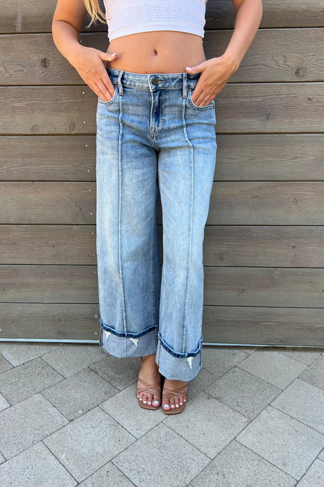 Pintuck Mid Rise Cuffed Medium Wash Wide Leg