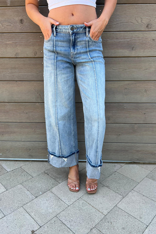 Pintuck Mid Rise Cuffed Medium Wash Wide Leg