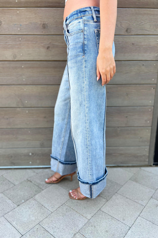 Pintuck Mid Rise Cuffed Medium Wash Wide Leg