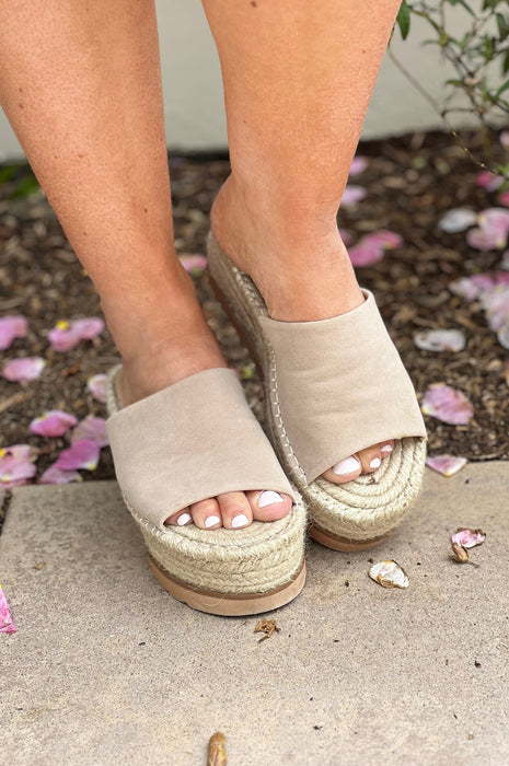 Happy Hour Suede Espadrille Wedges Beige