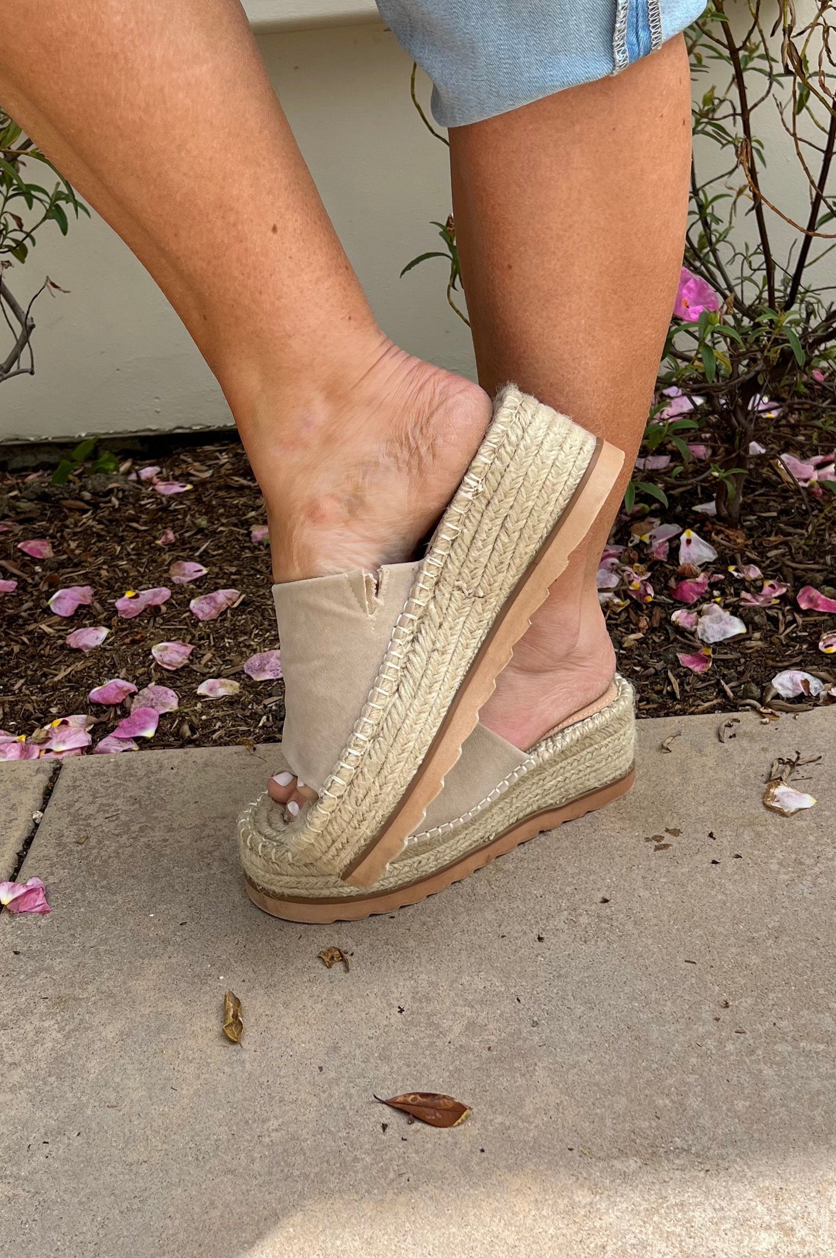 Happy Hour Suede Espadrille Wedges Beige
