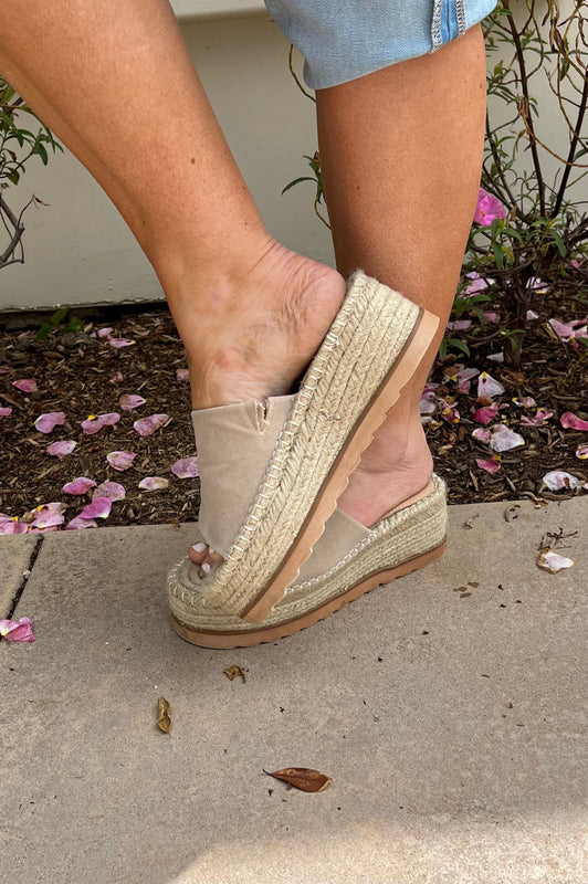 Happy Hour Suede Espadrille Wedges Beige