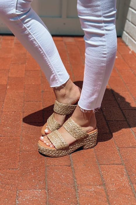 Double Strap Straw Espadrille Wedges Cognac