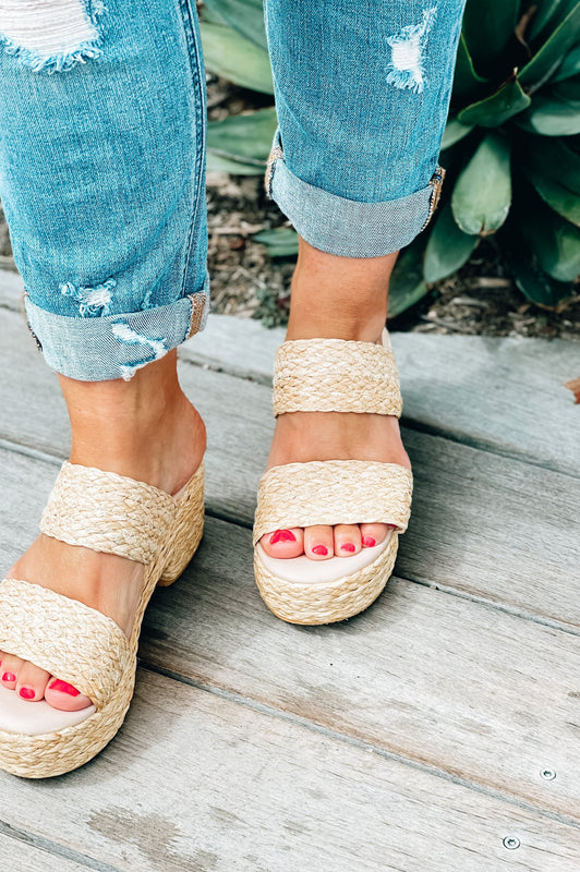 Beach Braided Rafia Espadrille Wedges Natural