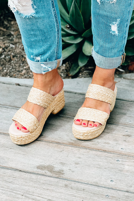 Beach Braided Rafia Espadrille Wedges Natural