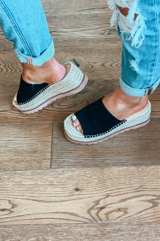 Happy Hour Suede Espadrille Wedges Black