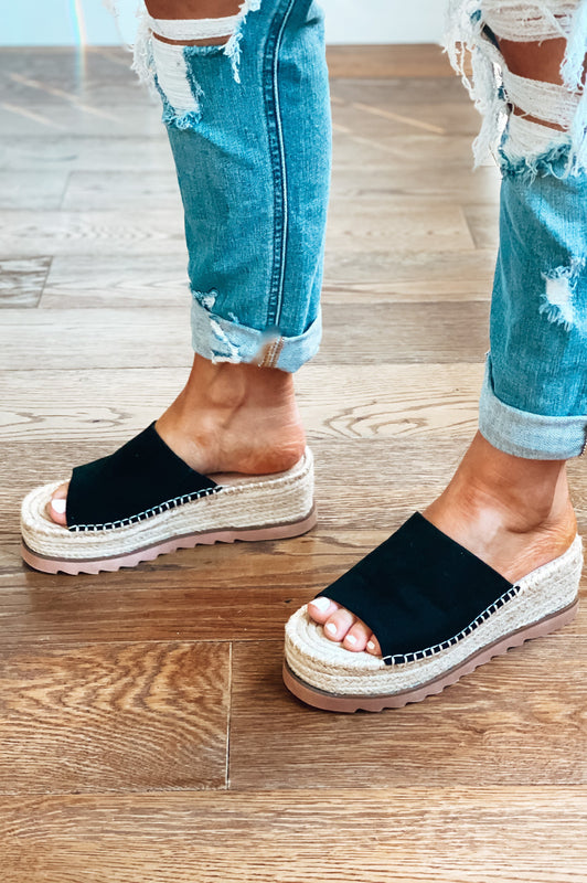 Happy Hour Suede Espadrille Wedges Black