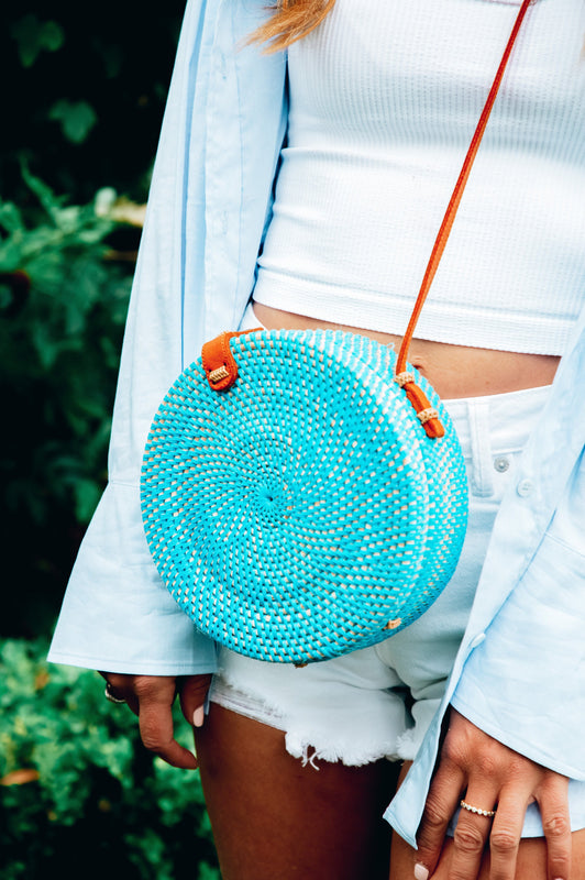 Mykonos Wicker Round Purse Blue