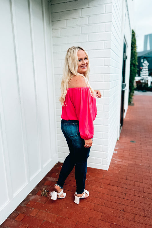 Let's Get Tropical Off the Shoulder Top Fuchsia