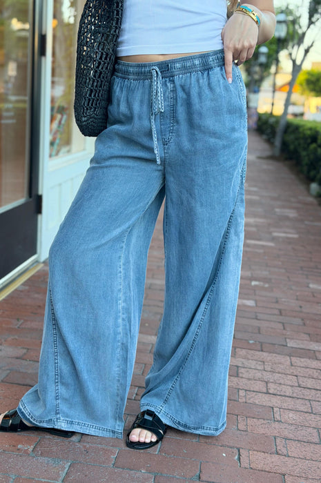 Wide Leg Denim Pants w/ Drawstring