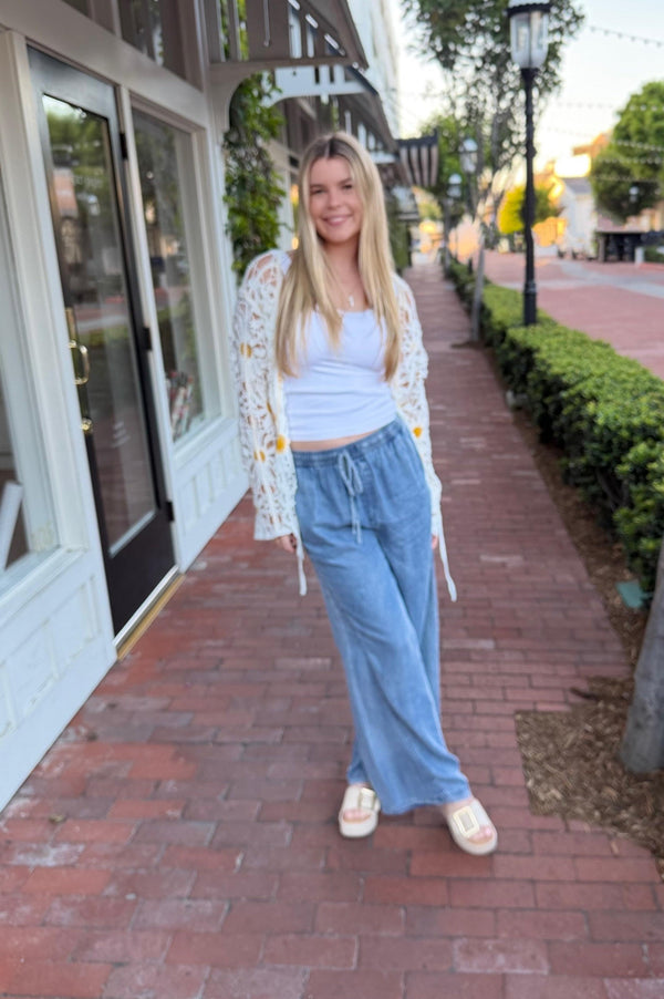 Wide Leg Denim Pants w/ Drawstring