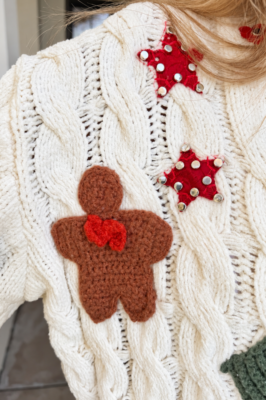 Chenille Christmas Patch Cardigan Cream
