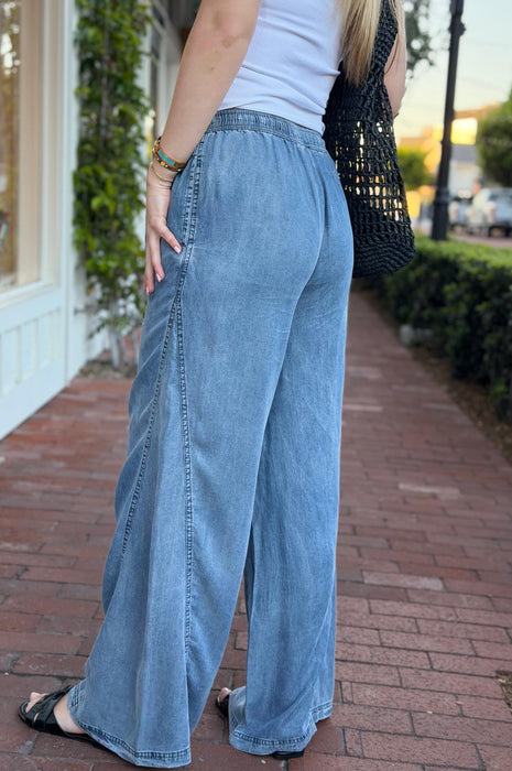 Wide Leg Denim Pants w/ Drawstring