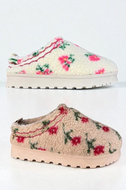 Sherpa Flower Bootie Taupe Red Floral
