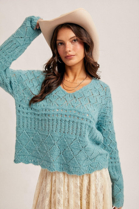 Isabel Crochet Knit Sweater Aqua