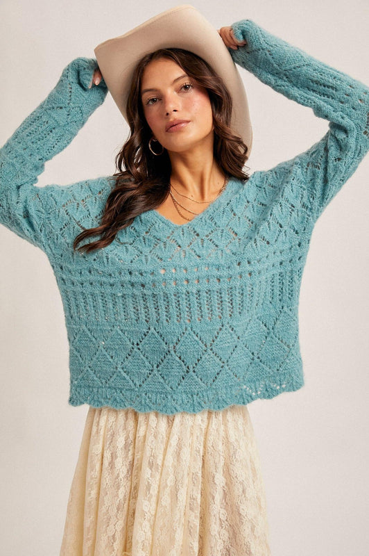 Isabel Crochet Knit Sweater Aqua