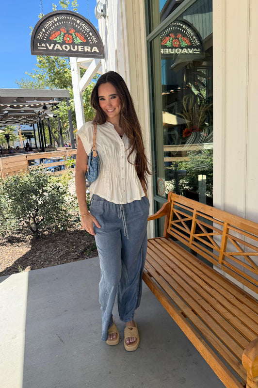 Pin Tuck Waist White Blouse