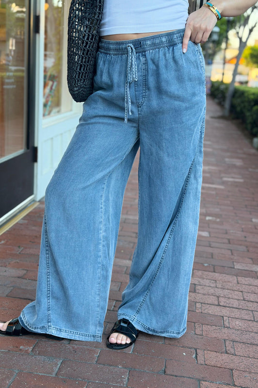 Wide Leg Denim Pants w/ Drawstring