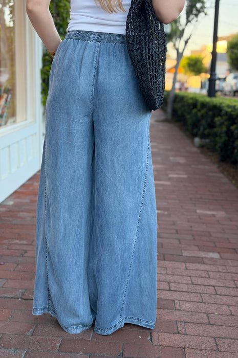 Wide Leg Denim Pants w/ Drawstring