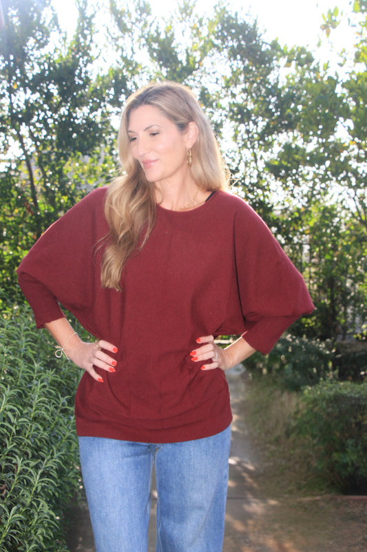 Wine Tonight Please Dolman Sweater Burgundy