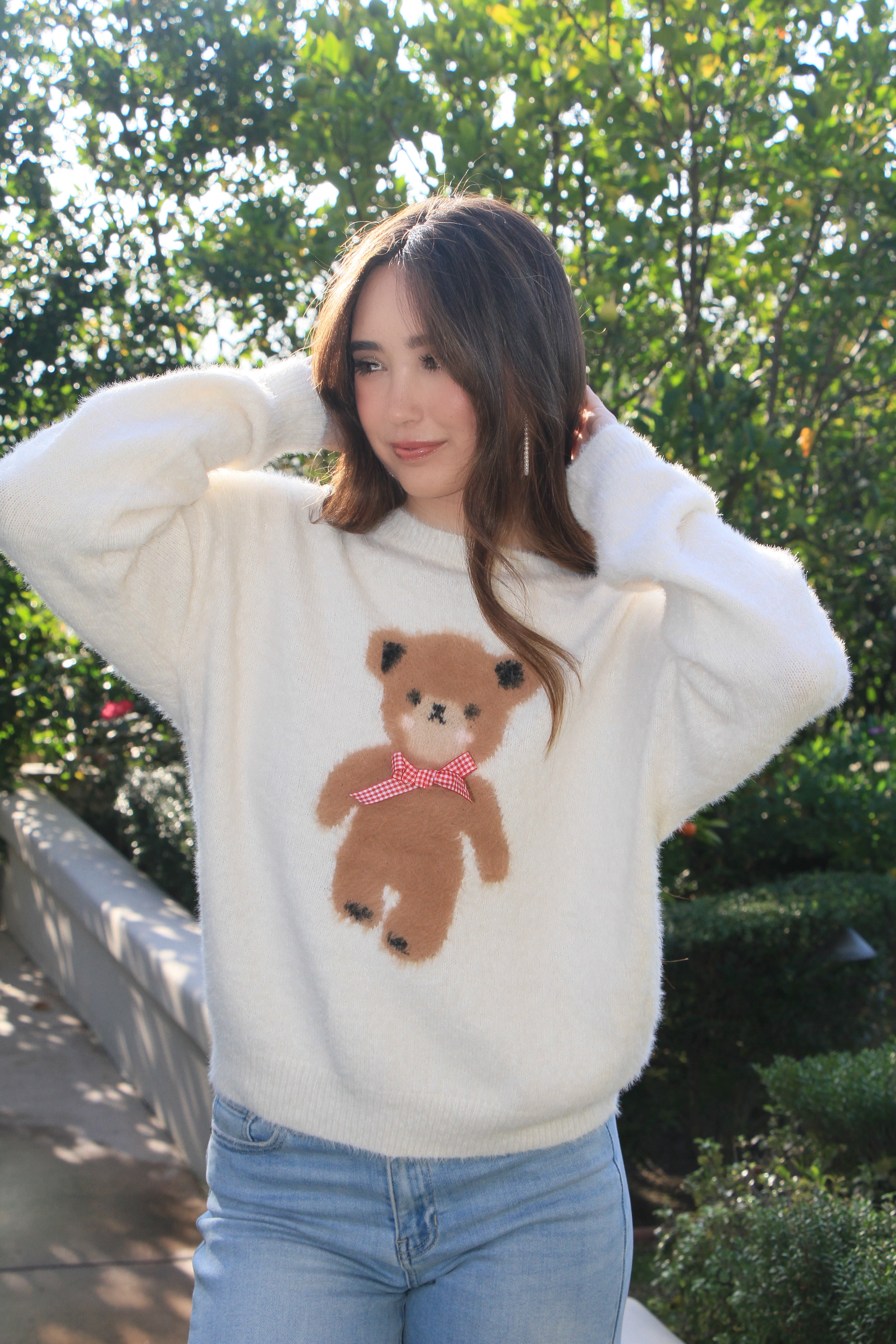 Teddy Bear Plaid Bow Sweater
