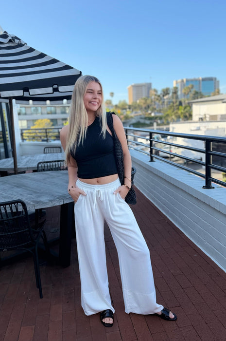 Wide Leg Linen Pants w/ Drawstring Off White