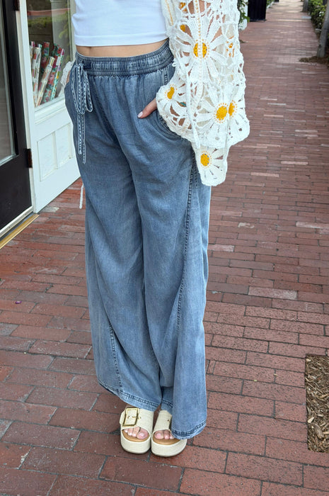 Wide Leg Denim Pants w/ Drawstring
