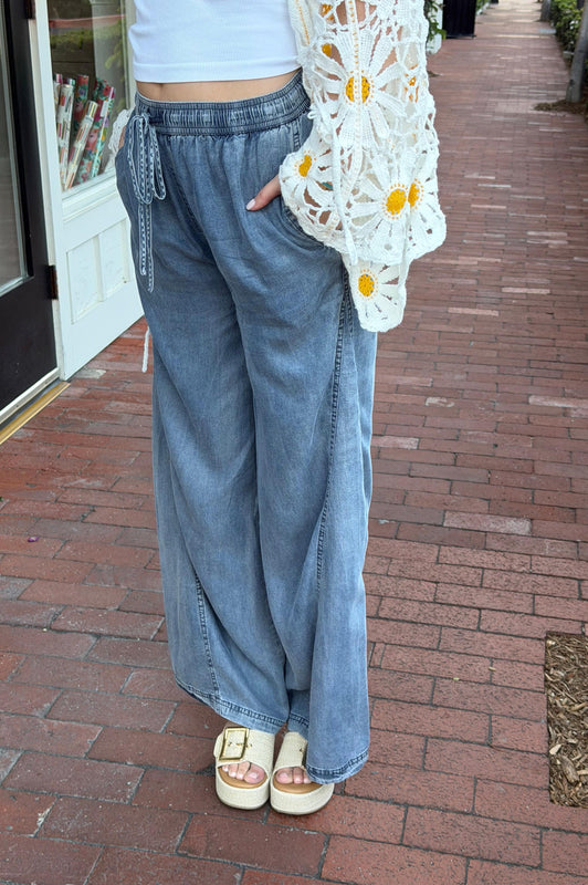 Wide Leg Denim Pants w/ Drawstring