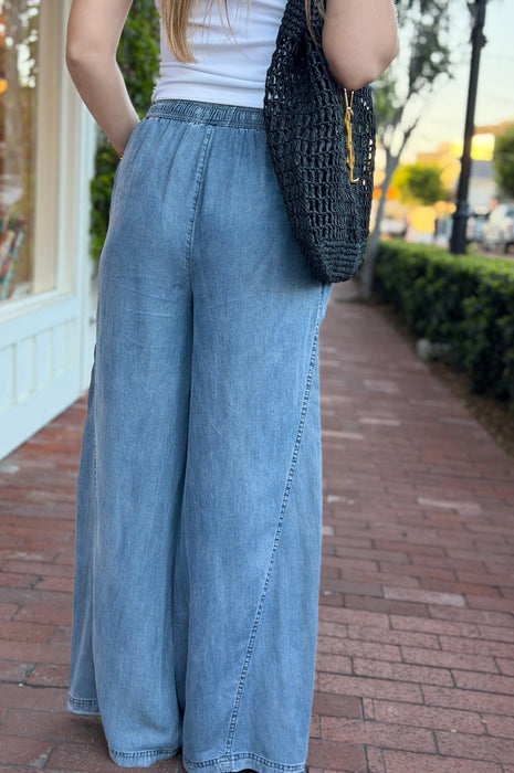 Wide Leg Denim Pants w/ Drawstring