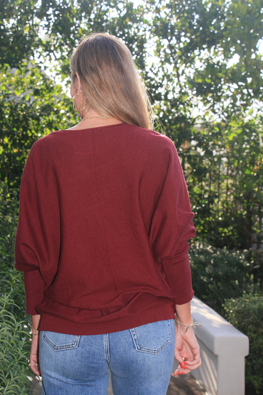 Wine Tonight Please Dolman Sweater Burgundy