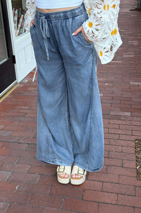 Wide Leg Denim Pants w/ Drawstring