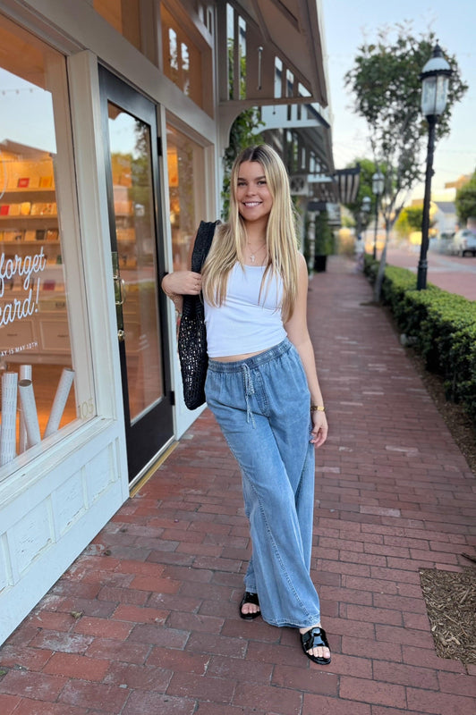Wide Leg Denim Pants w/ Drawstring