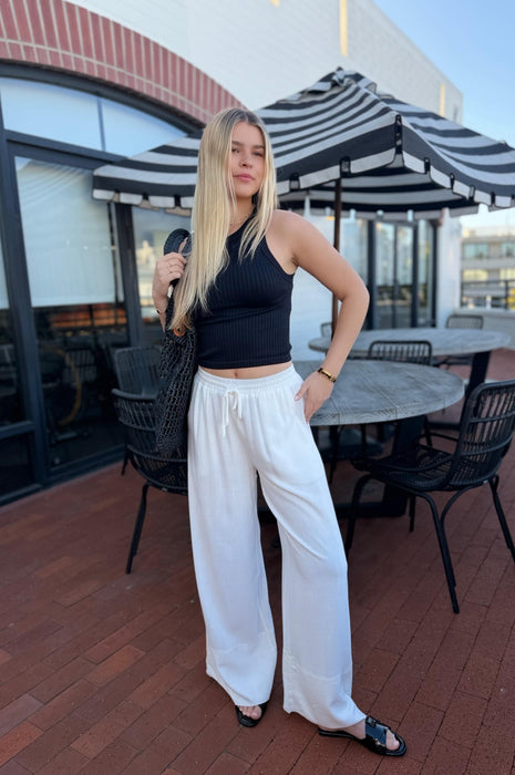 Wide Leg Linen Pants w/ Drawstring Off White