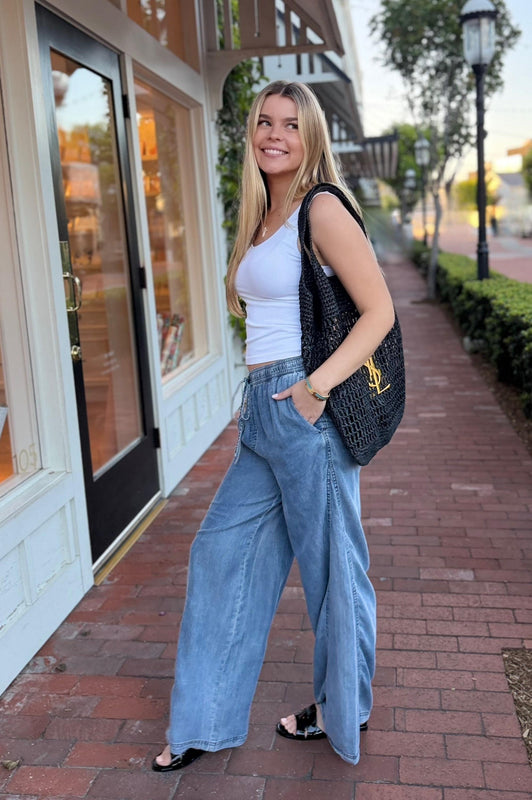 Wide Leg Denim Pants w/ Drawstring