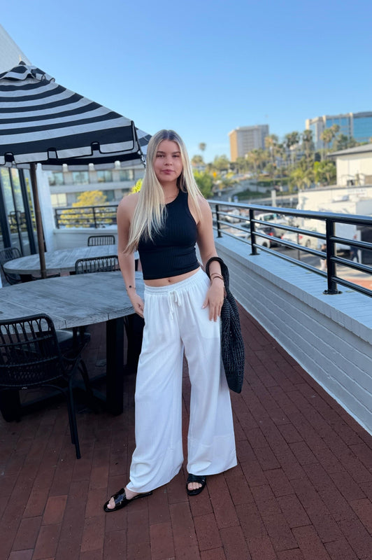 Wide Leg Linen Pants w/ Drawstring Off White