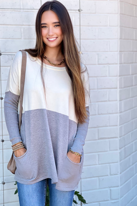 Falling In Love Two Pocket Sweater In Color Block Ivory/Heather Gray