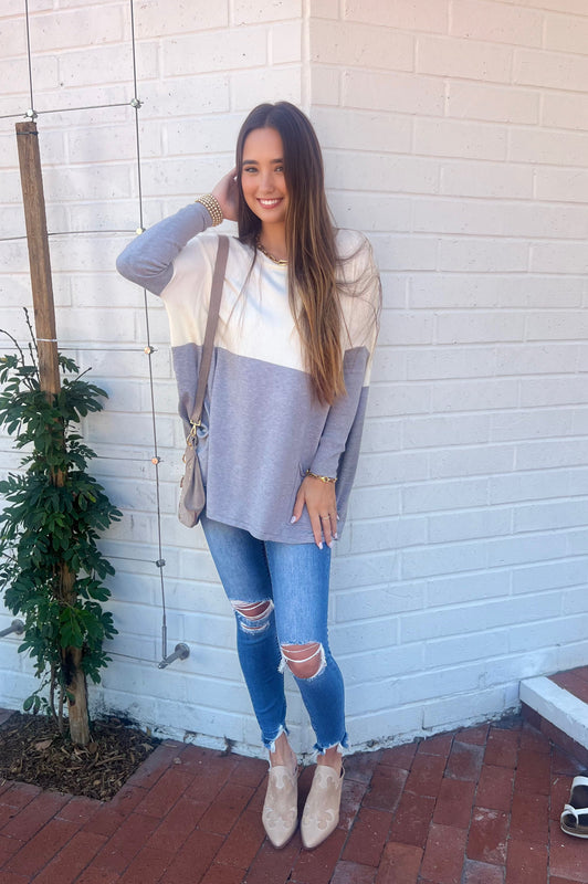 Falling In Love Two Pocket Sweater In Color Block Ivory/Heather Gray