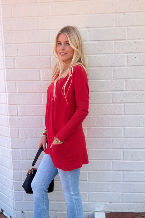 Falling In Love Two Pocket Sweater In Red