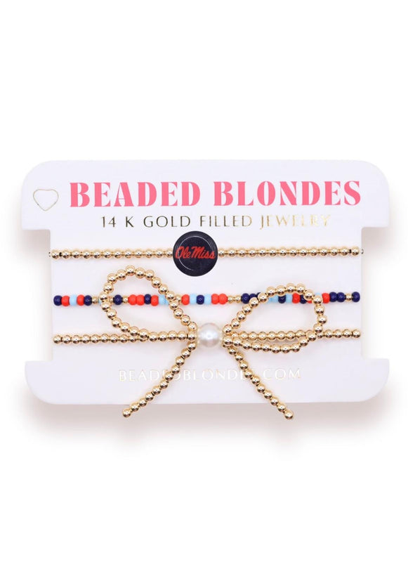 Old Miss/ Rebels Logo Bow Stack Bead Bracelet Set