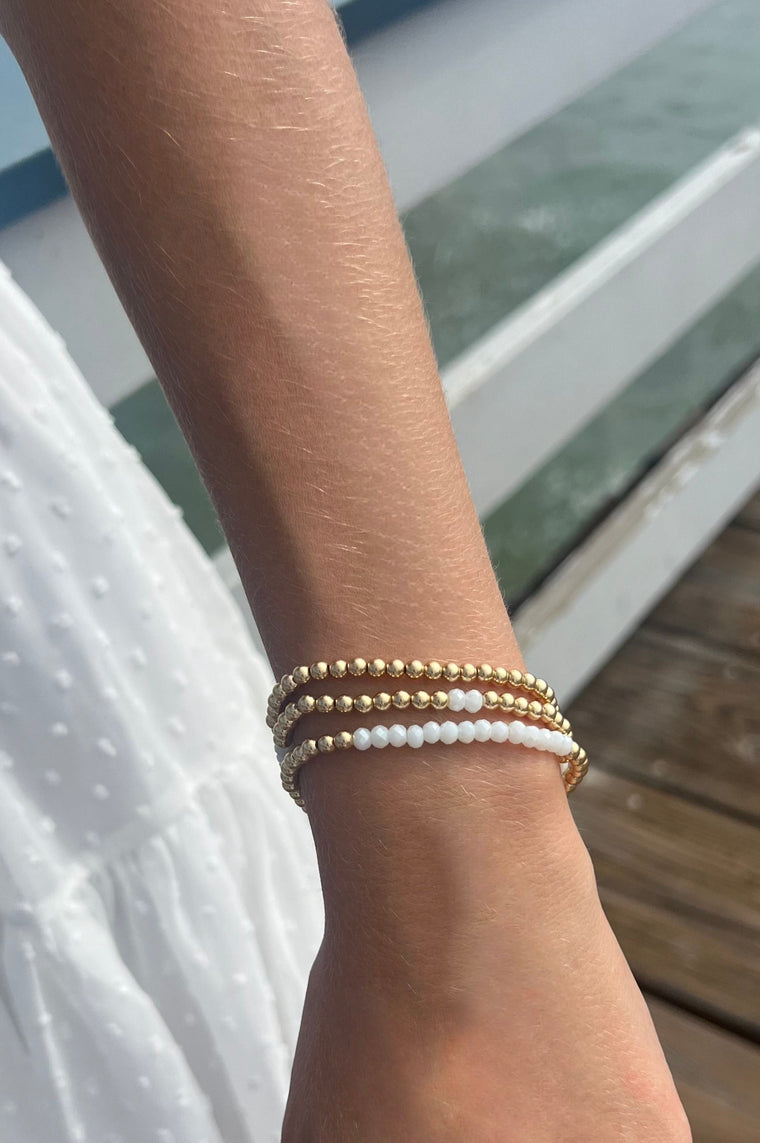 Classic Gold 4mm Bead Bracelet with White Stone Bar