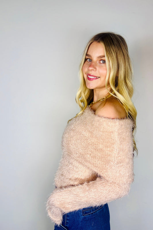 Cotton Candy Off the Shoulder Sweater Dusty Pink