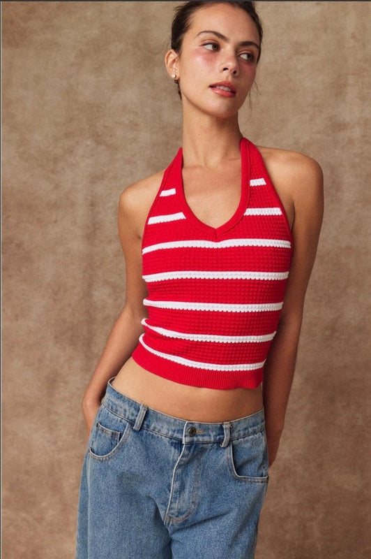 Striped Textured Halter Red