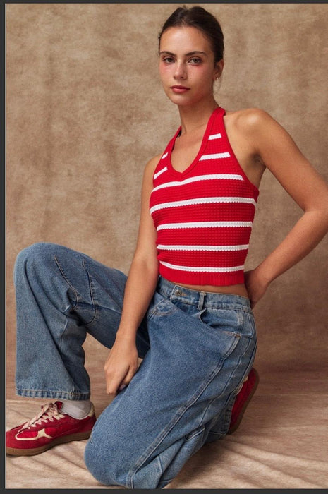 Striped Textured Halter Red