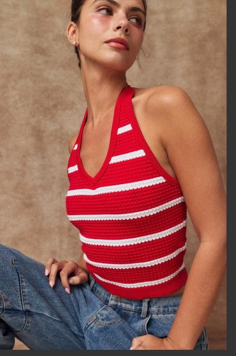 Striped Textured Halter Red
