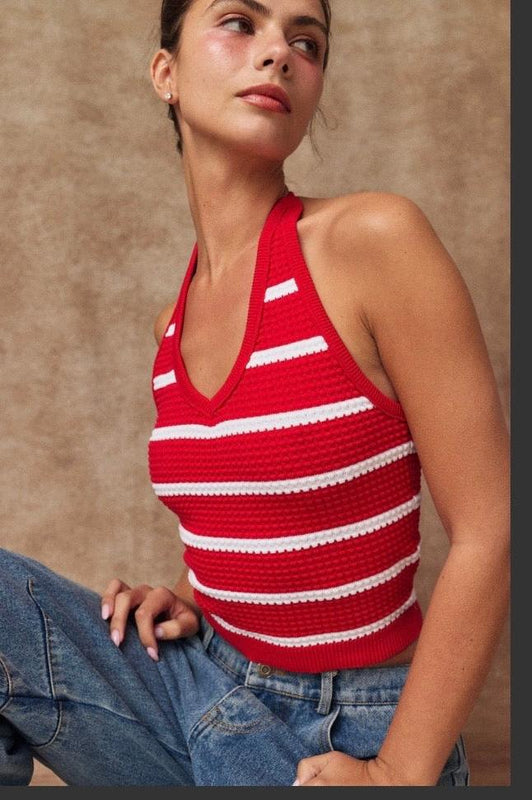 Striped Textured Halter Red